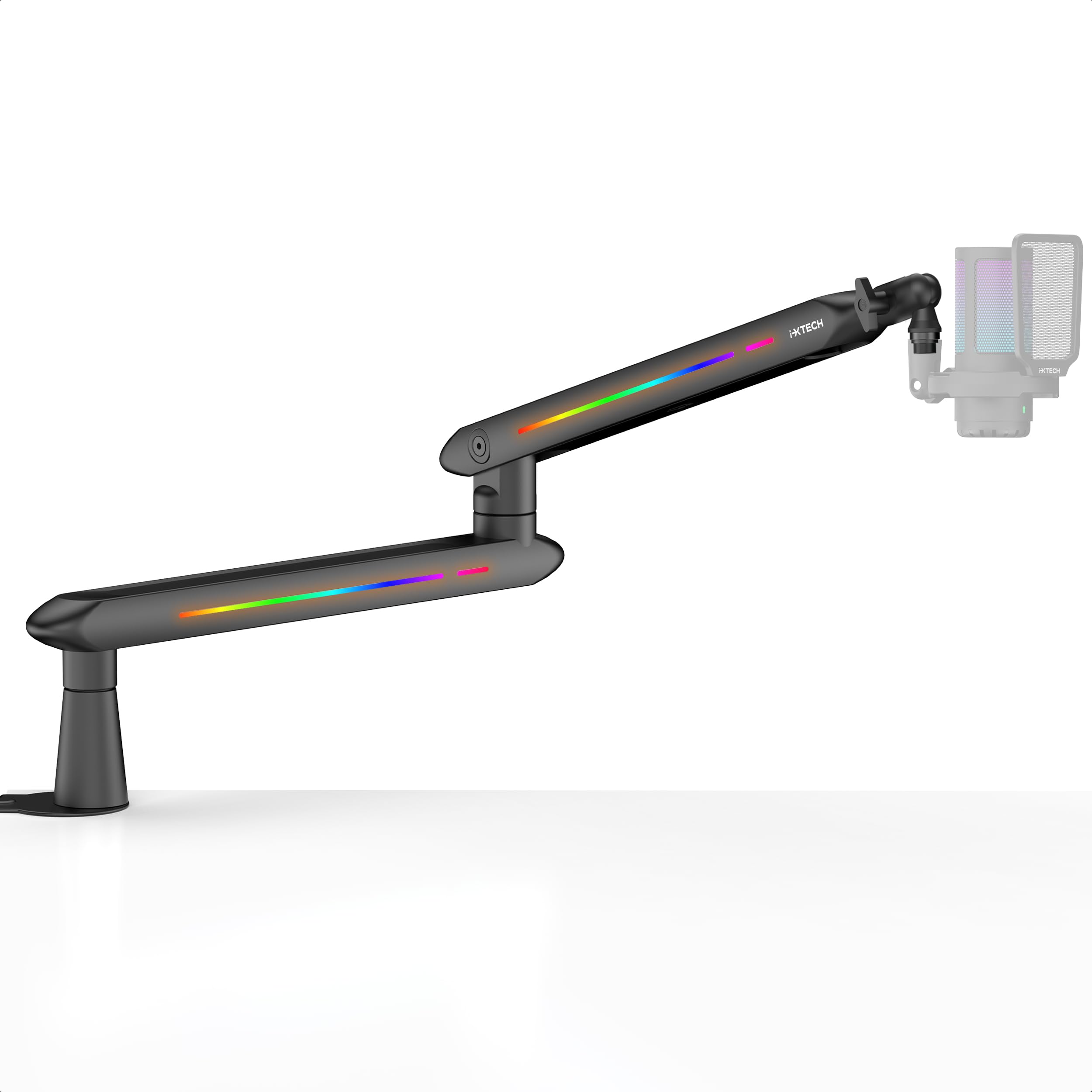 IXTECH RGB Low Profile Boom Arm for Mic, Adjustable Microphone Arm Stand with Desk Mount Clamp, Rotatable Microphone Boom Arm Mi