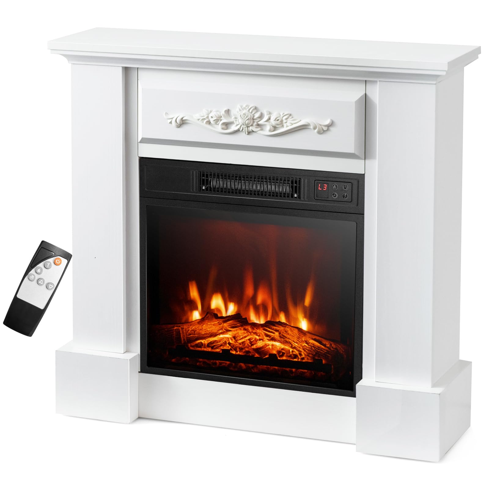 Costway 32 Inch Electric Fireplace With Mantel, 1400W Freestanding Fireplace Heater With Remote Control, Thermostat, 6H Timer, A