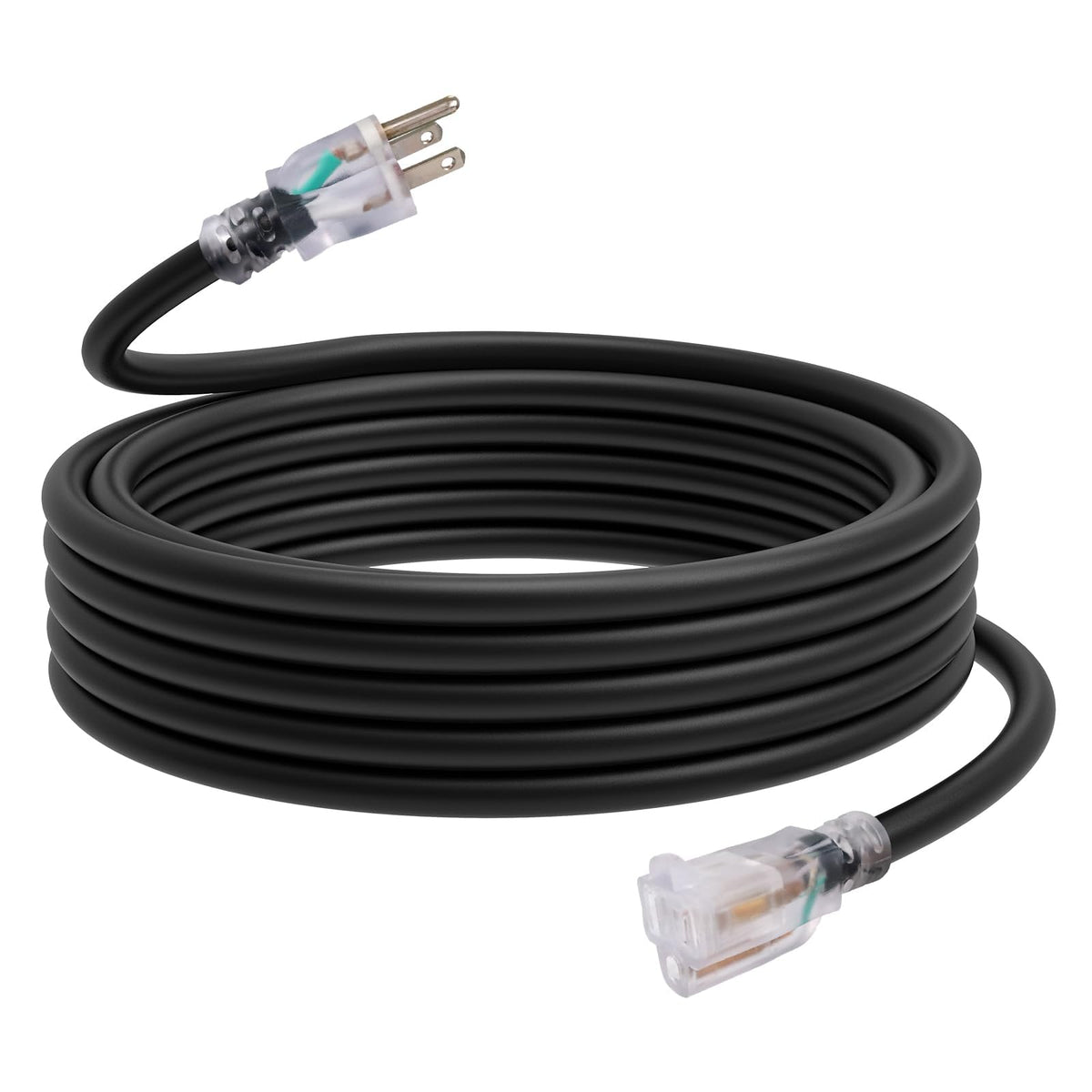 Ep 25 Ft Outdoor Extension Cord, 12/3 Sjtw Heavy Duty Waterproof Power Cable, 3 Prong Grounded Plug, Lighted End, For Lawn, Gard