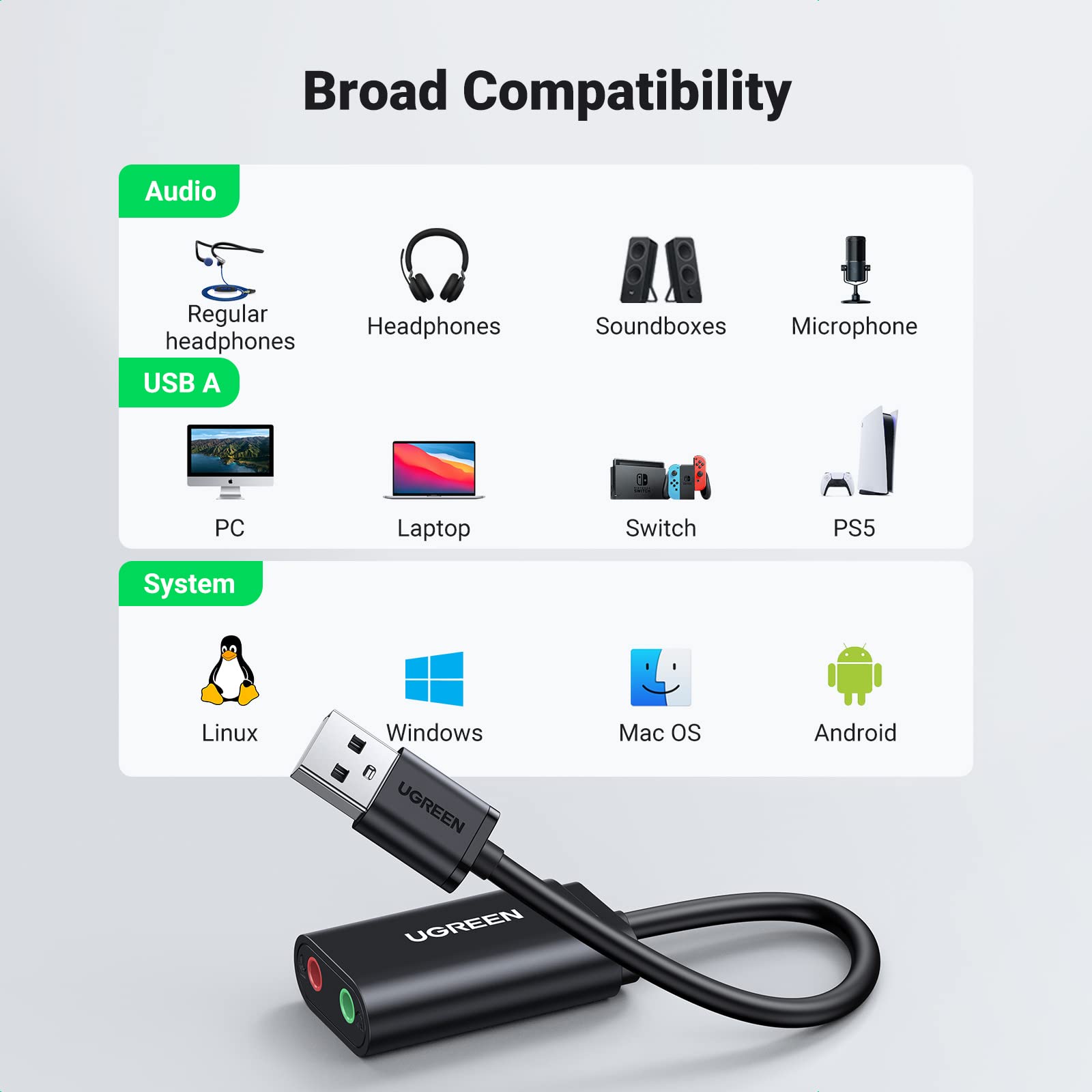 Ugreen Usb To Audio Jack Sound Card Adapter With Dual Trs 3-Pole Headphone And Microphone Usb To Aux 3.5Mm External Audio Conver