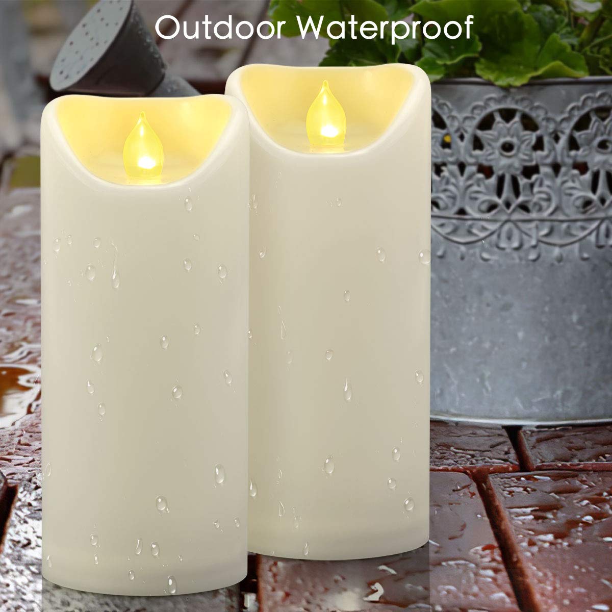 2 Pcs 3''X7'' Waterproof Outdoor Battery Operated Flameless Led Pillar Candles With Timer Flickering Plastic Resin Electric Deco