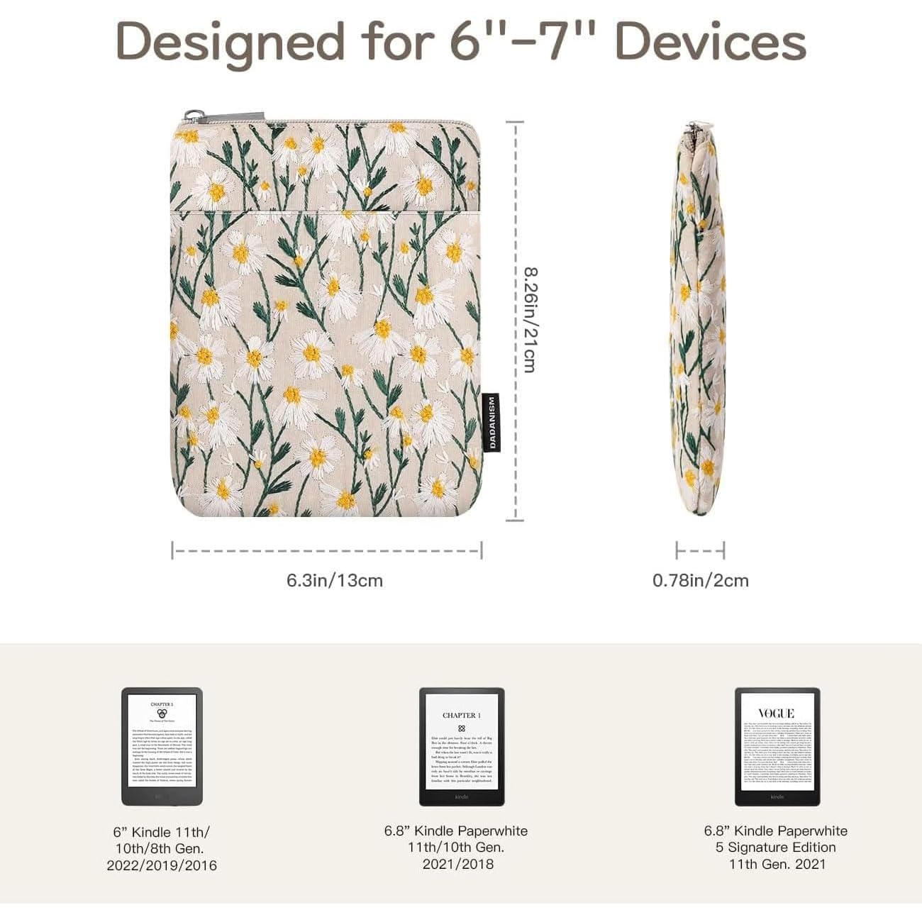 Dadanism Embroidered Daisy Padded Protective Sleeve 6 7'' For 6'' Kindle 2022/10Th Gen 2019/8Th Gen 2016, 6.8'' Kindle Paperwhit