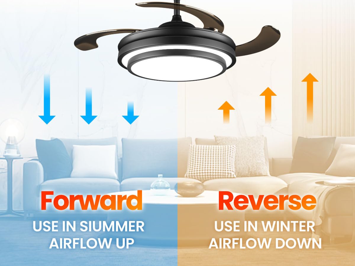 42 Inch Black Modern Ceiling Fan With Lights And Remote Retractable Fandelier Ceiling Fan 6 Speed Dimmable Memory Led Ceiling Fa