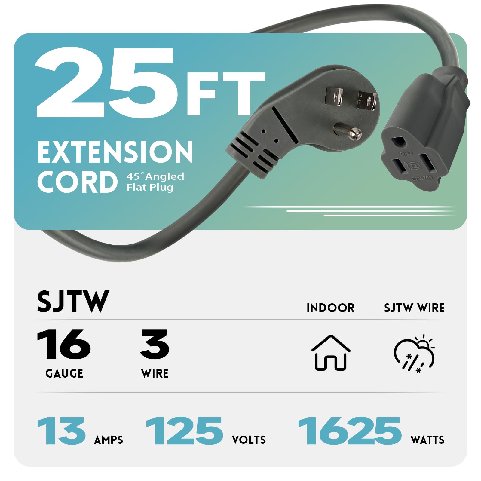 Ep 25 Ft Flat Plug Extension Cord, 16 Awg 3 Prong Grounded Grey Low Profile Extension Cable For Indoor