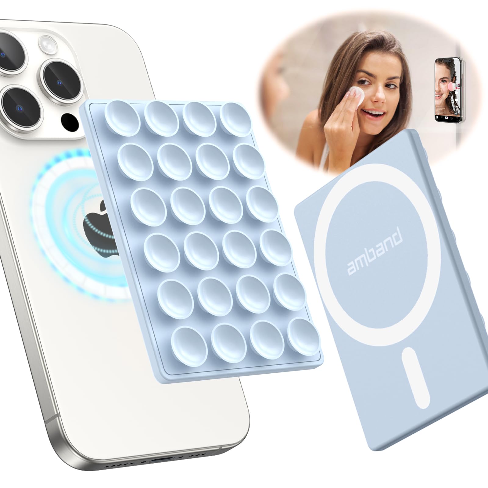 amBand Silicone Sticky Phone Grip with Adapter Sticker for Magsafe, Hands-Free Suction Mount Double Sided Mag Safe Accessories f