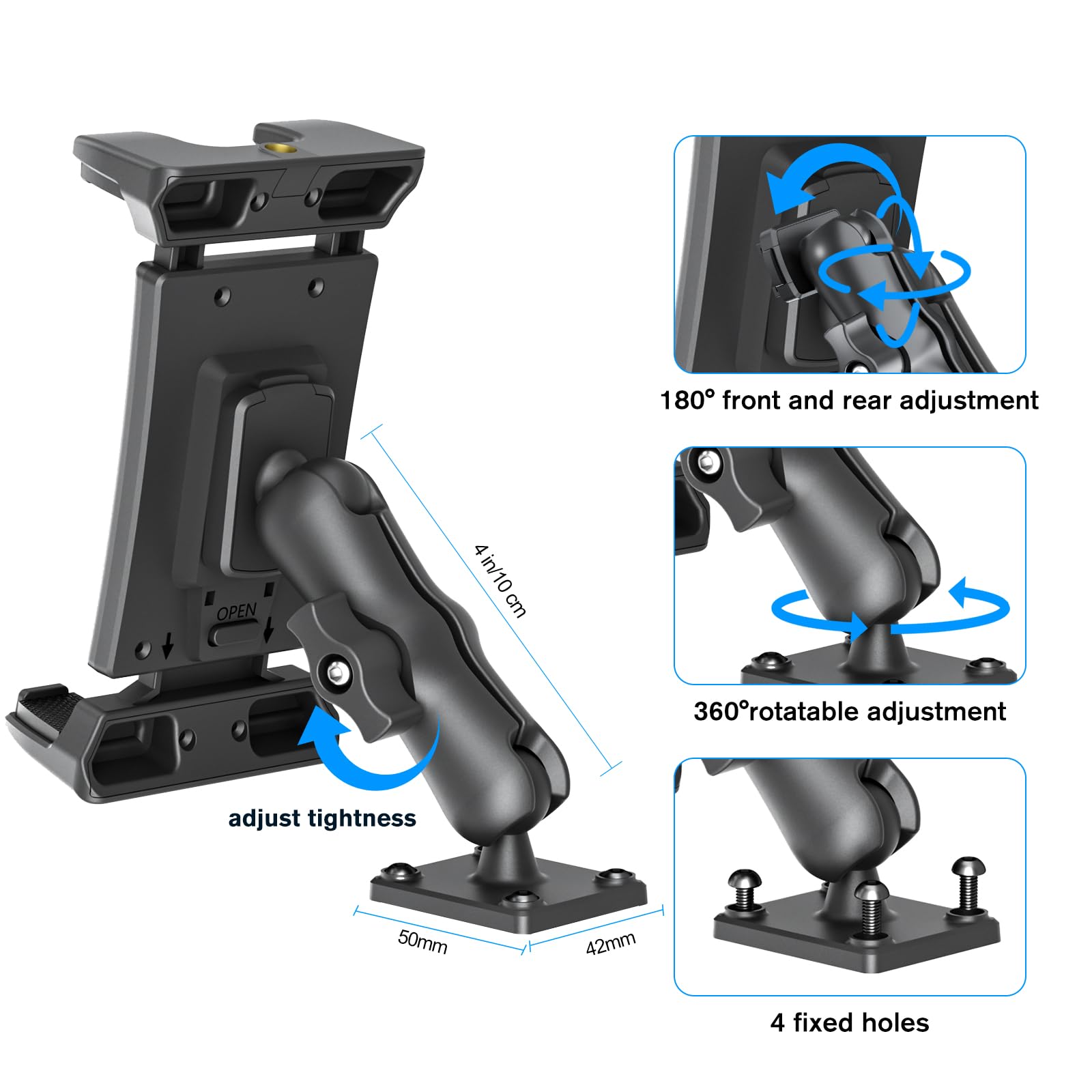 Ohlpro Car Tablet Holder   Heavy Duty Drill Base, Tablet Mount For Truck Compatible With Ipad Samsung Tab 5' 13' Tablet And Phone, Ipad Stand For Wall/Business/Vehicle/Desktop, Etc.