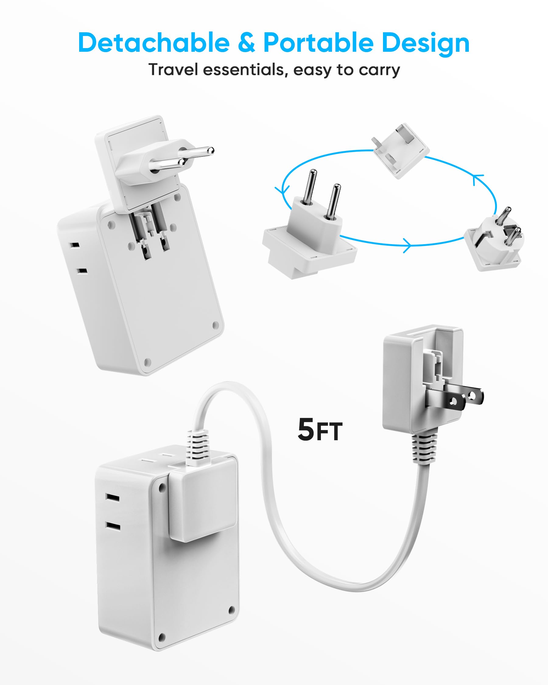 Kakyanill European Travel Plug Adapter Kit, 5Ft Detachable Extension Cord With Type C/G/E/F Plug, 4 Ac Outlets, 20W Usb C Power