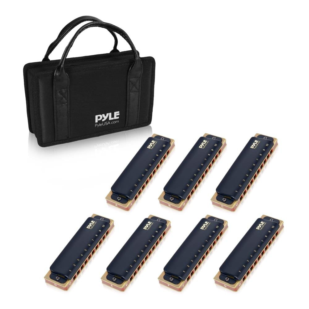 Pyle Professional Brass Metal Covered 10 Hole 7 Piece Diatonic Harmonica Kit   Blues Harp Set Includes Storage Case And Polishin