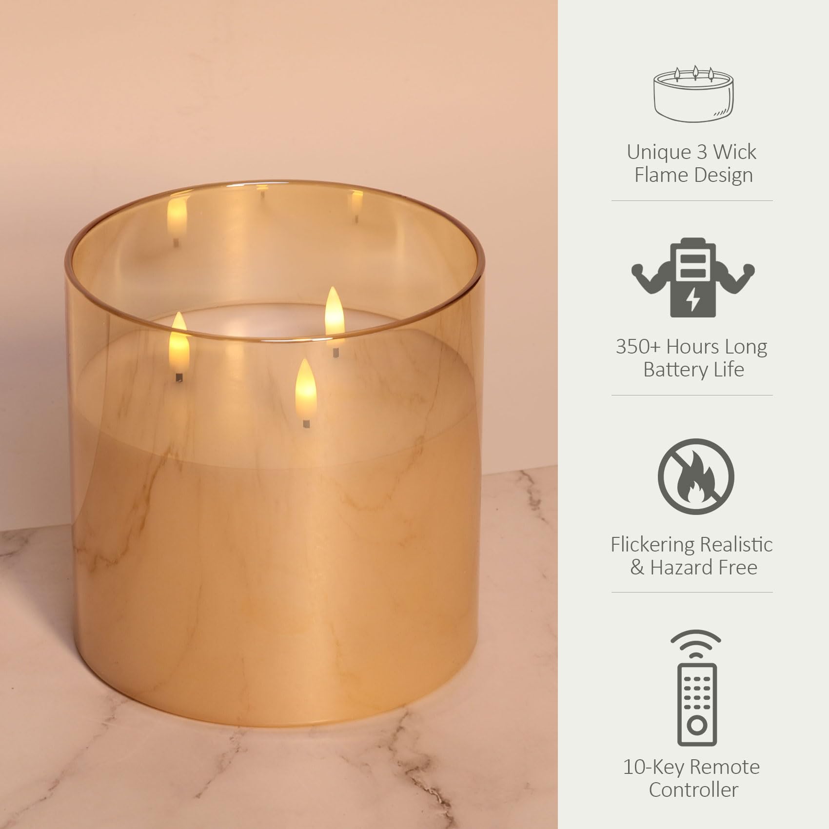 Eywamage 3 Wick Amber Glass Flameless Candle With Remote, Large Flickering Led Battery Pillar Candle F 6'' H 6''
