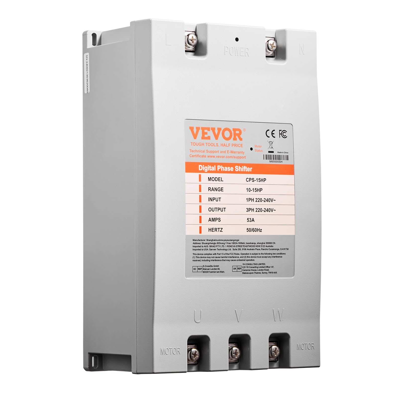 VEVOR 3 Phase Converter - 15HP 53A 220V Single Phase to 3 Phase Converter, 220V-240V Input/Output, Digital Phase Shifter for Res