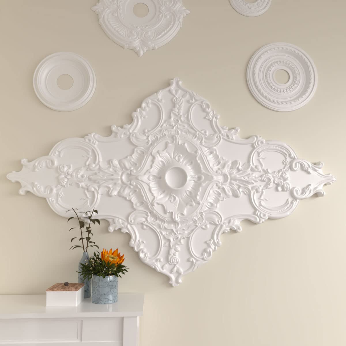 Ekena Millwork Cm70X43Ml Melchor Diamond Ceiling Medallion, 67 1/4''W X 43 3/8''H X 4''Id X 2''P, Factory Primed