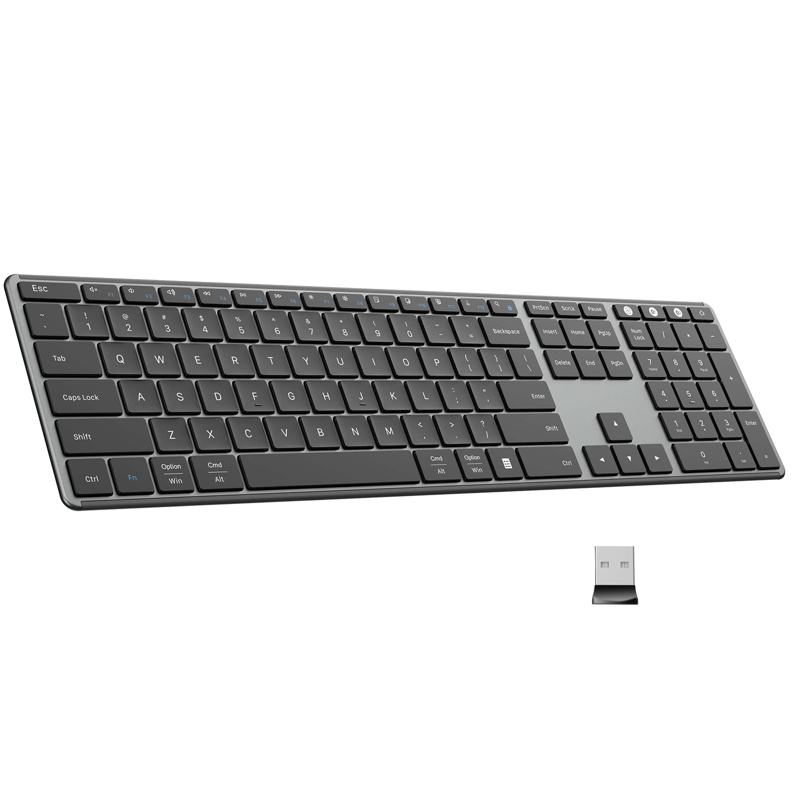 Ausdom Wireless Bluetooth Keyboard Full Size, Quiet Slim Multi Device Rechargeable Cordless Qwerty Keyboard With Number Pad, Low
