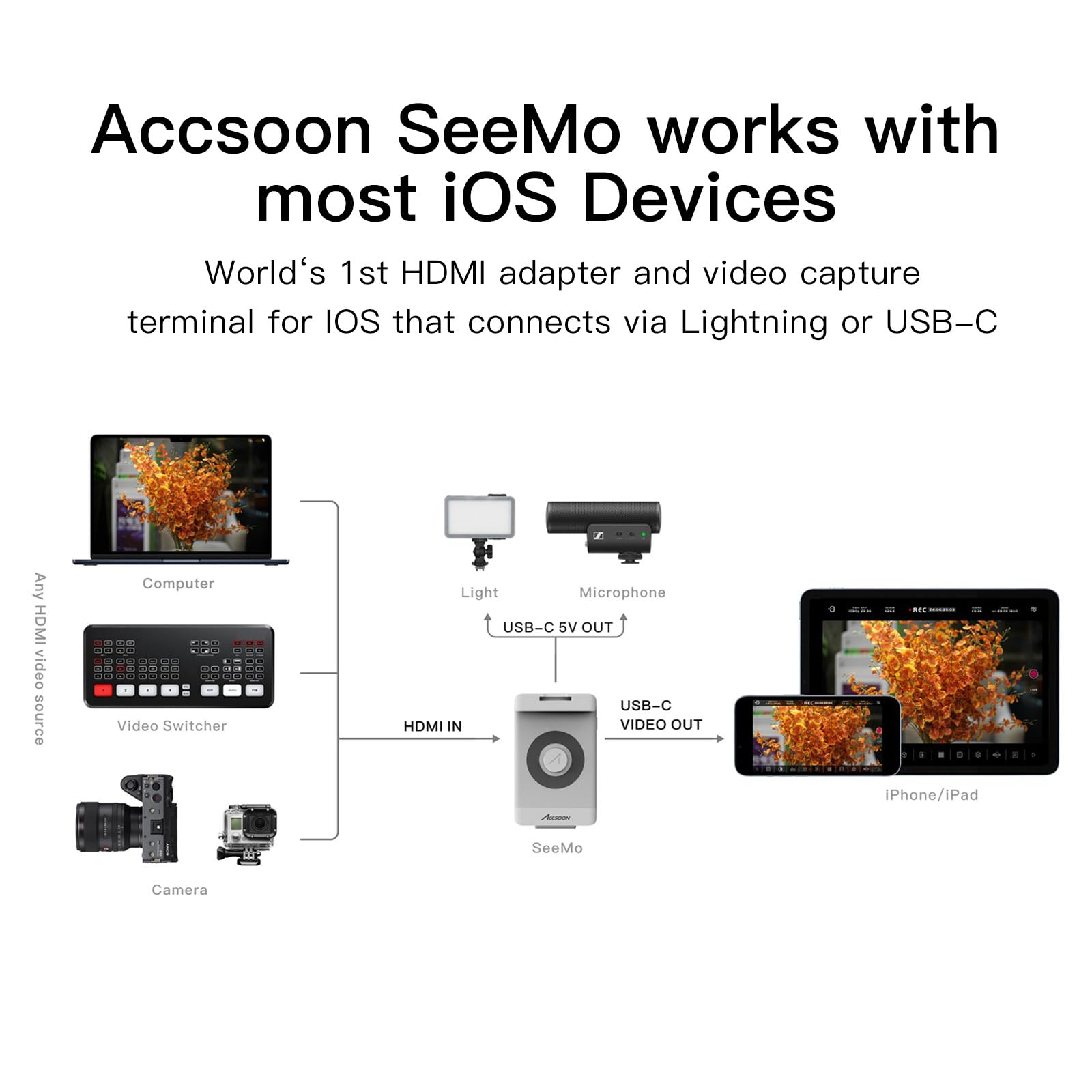 Accsoon Seemo Hdmi To Usb C Video Capture Adapter For Iphone And Ipad,Support 1080P 60Fps Video & Real-Time Monitoring/Streaming