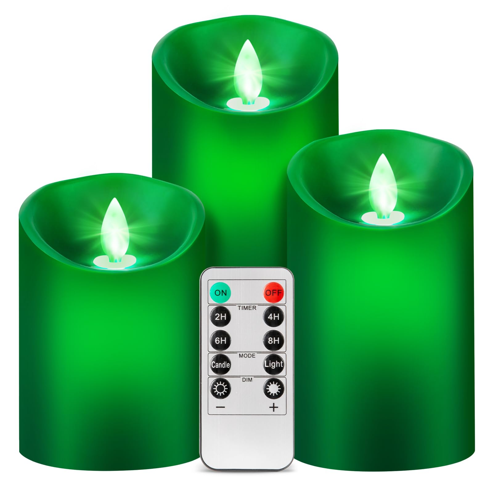 Windshell Green Flame Candles (Green LED Light Source), Moving Wick Design, Real Wax/Battery Operated, Remote Control with Timer
