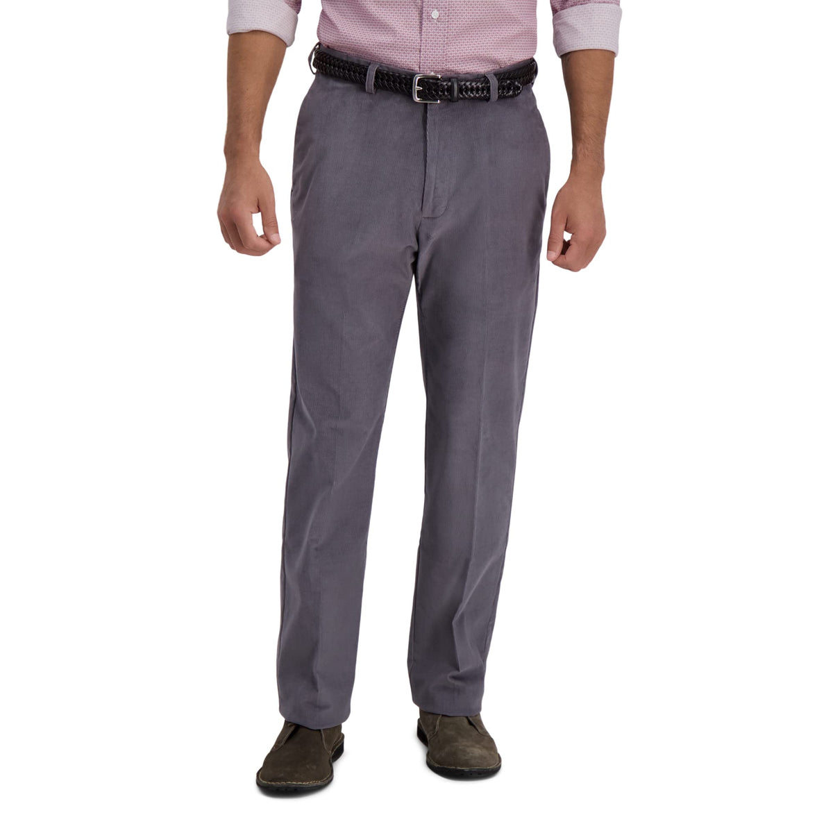 Haggar Mens Stretch Corduroy Expandable Waist Classic Fit Flat Front Pants, Charcoal, 42W X 29L Us