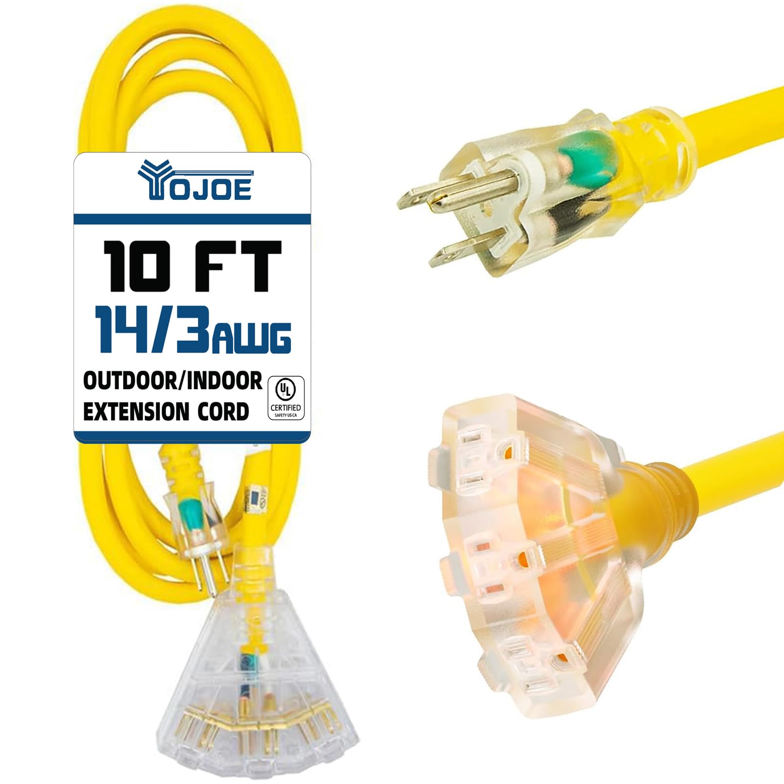 Yojoe 3 Outlets Indoor Outdoor Extension Cord With Lighted End, 3 Prong 15A Weatherproof Power Cord, 14 Gauge Heavy Duty 10 Ft Y