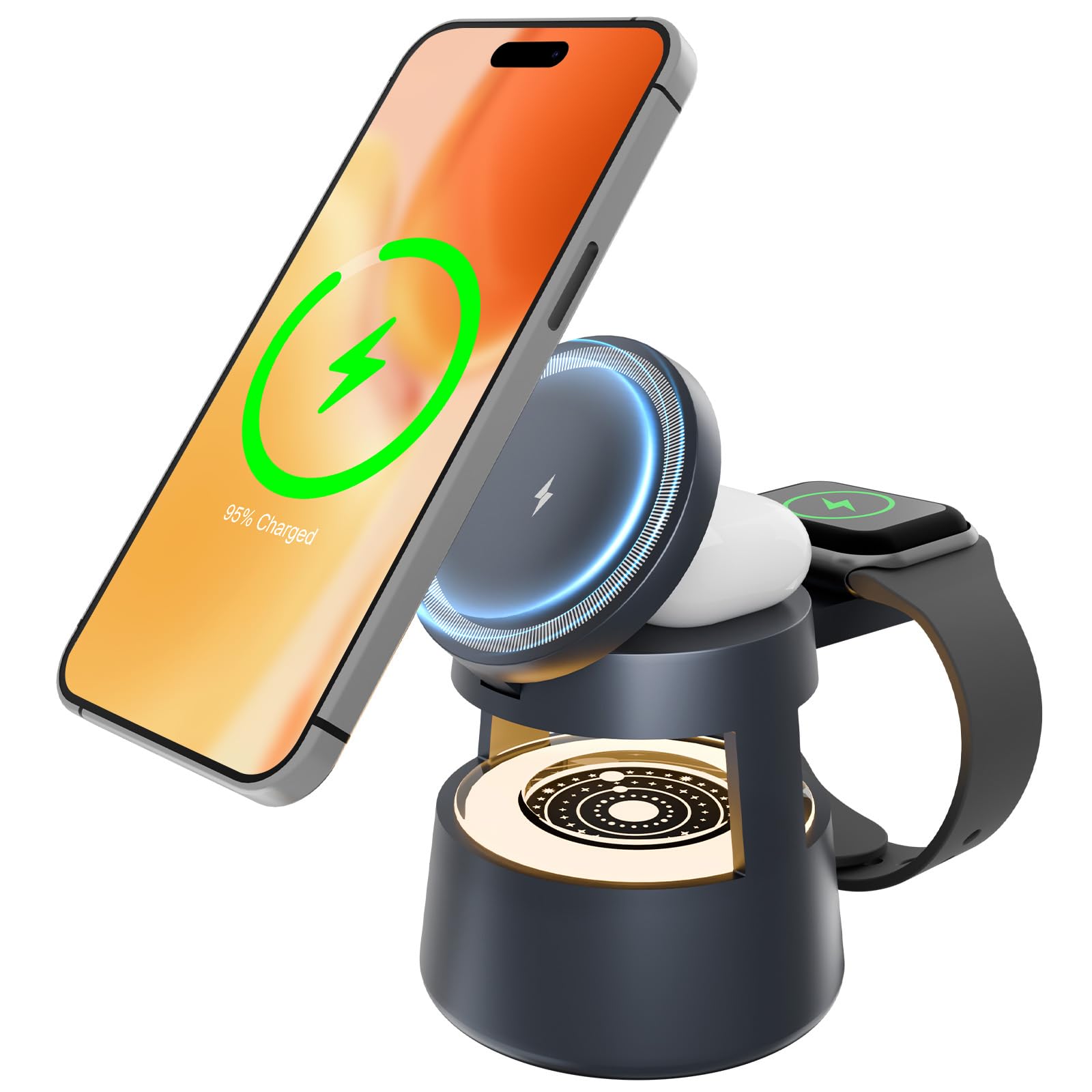 Wireless Charging Station Mag-Safe Charger : 4 in 1 Fast Charger 15W Travel Stand for iPhone16e 16 15 14 13 12 Pro Max - with Ni