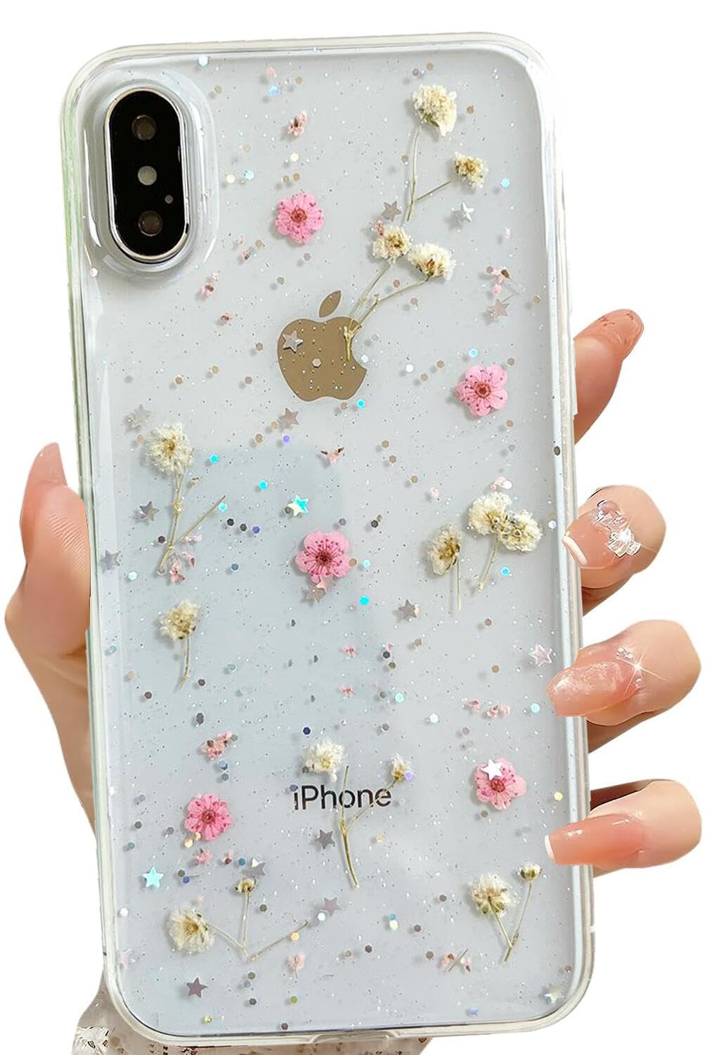Lseeka For Iphone Xs Max Clear Case With Pressed Real Flowers Design,Glitter Cute Pink Floral Pattern Slim Soft Tpu Protective W
