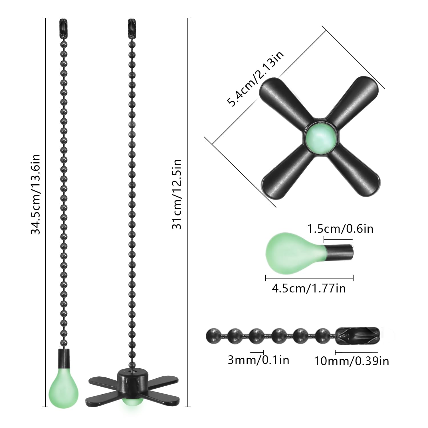 Dotlite Black Ceiling Fan Pull Chain Set, 2Pack 3Mm Diameter Beaded Fluorescent Decorative Pendant Extension, 12In Lighting & Fa