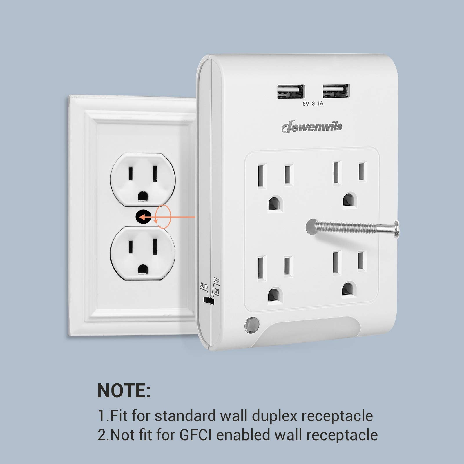 Dewenwils 4 Outlet Extender, Wall Outlet Adapter With 2 Usb Ports(3.1A Total), Light Sensor Night Light, 1080 Joules Surge Prote