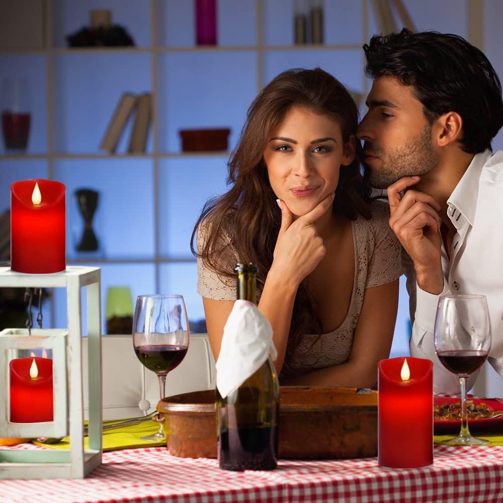 Roomsily Flameless Battery Operated Flickering Candles:3Pack Red Real Wax Pillar Candle,Electric Led Candle With 10 Key Remote C