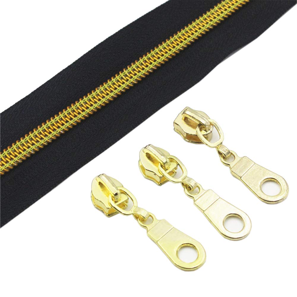 Yahoga 5 Gold Metallic Nylon Coil Zippers By The Yard Bulk Black Tape 10 Yards With 25Pcs Gold Sliders For Diy Sewing Tailor Cra