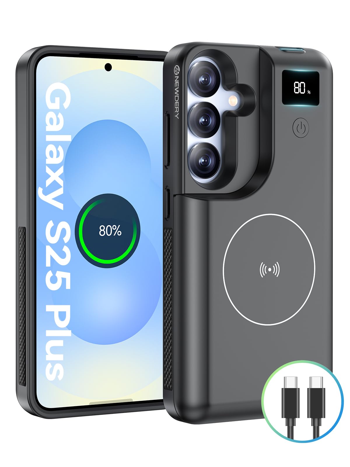 NEWDERY for Samsung Galaxy S25 Plus Battery Case 6.7, 10000mAh Portable Power Bank with LED Display, Qi Wireless Charger & 20W U