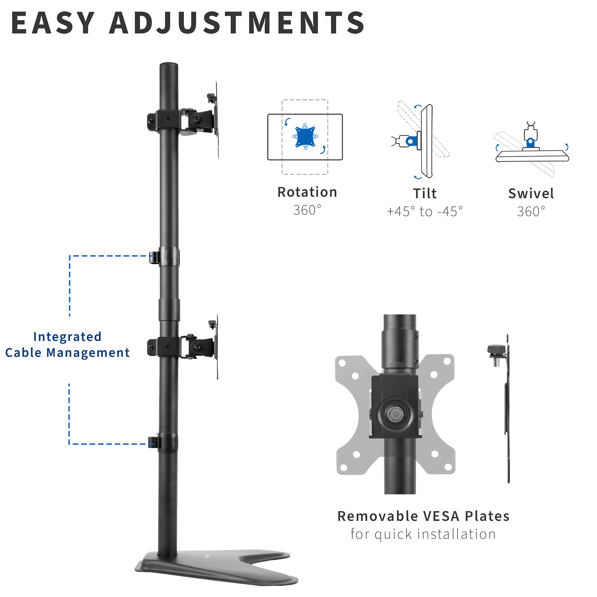VIVO Dual Monitor Desk Stand Free Standing LCD Mount, Holds in Stacked Vertical Position 2 Ultrawide Screens up to 34 inches, Black, STAND V002L