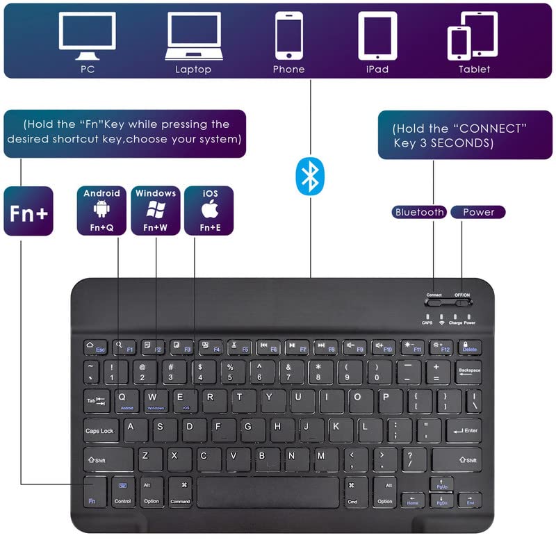 Detuosi Universal 10 Inch Wireless Keyboard, (0.23 Inch) Ultrathin Slim Lightweight Travel Portable, 10.1'' Multi Device Wireles
