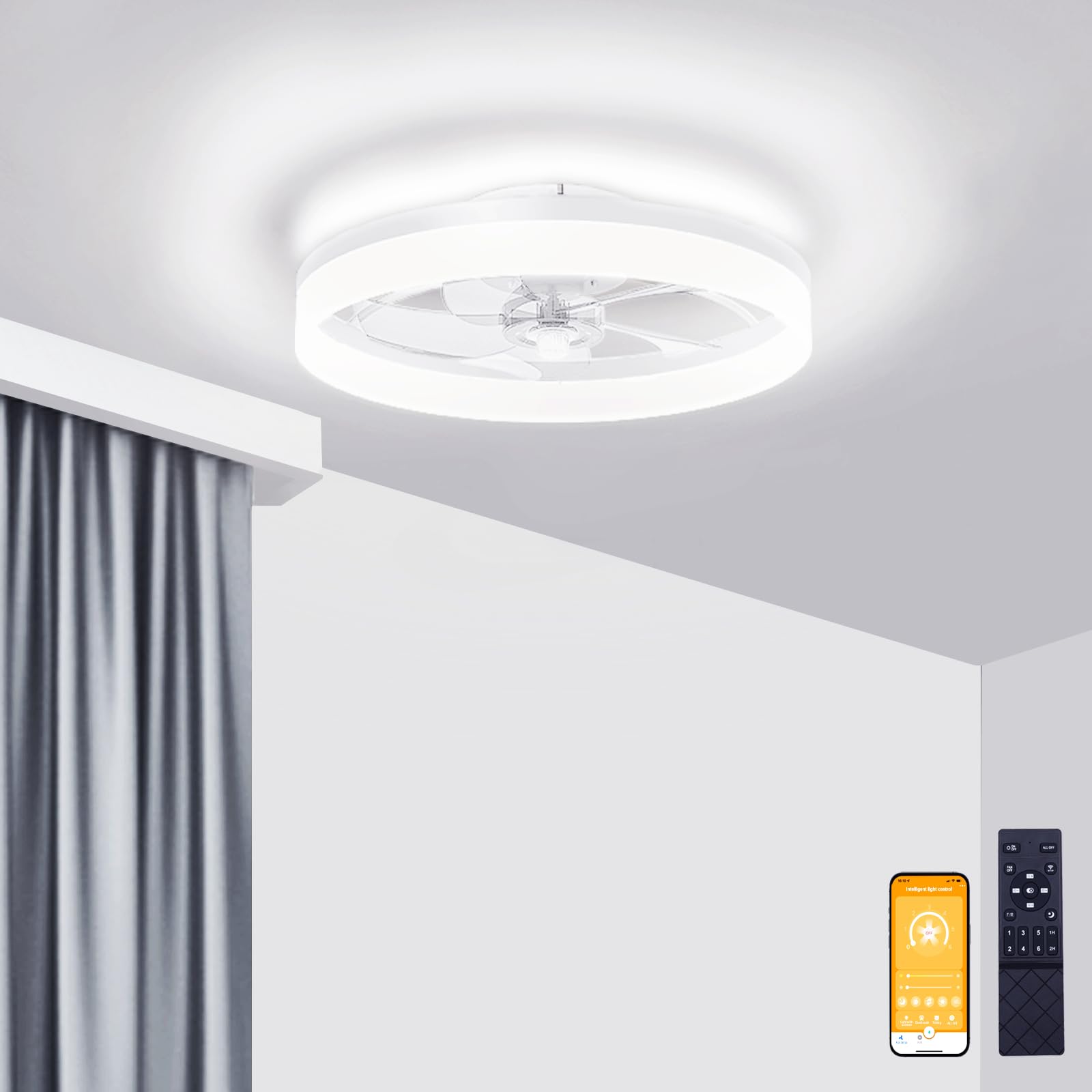 VOLISUN Low Profile Ceiling Fans with Lights and Remote, 19.7in Fandelier Ceiling Fan Flush Mount, 3000K-6500K Smart Bladeless L