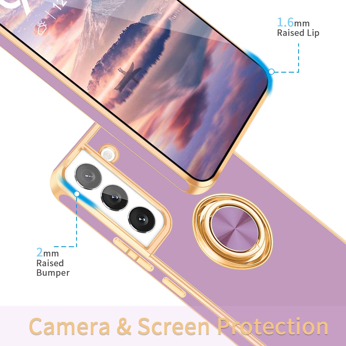 Fingic For Samsung Galaxy S22 Case, Galaxy S22 Case With 360 Ring Holder Slim Kickstand Magnetic Support Car Mount Women Girls S