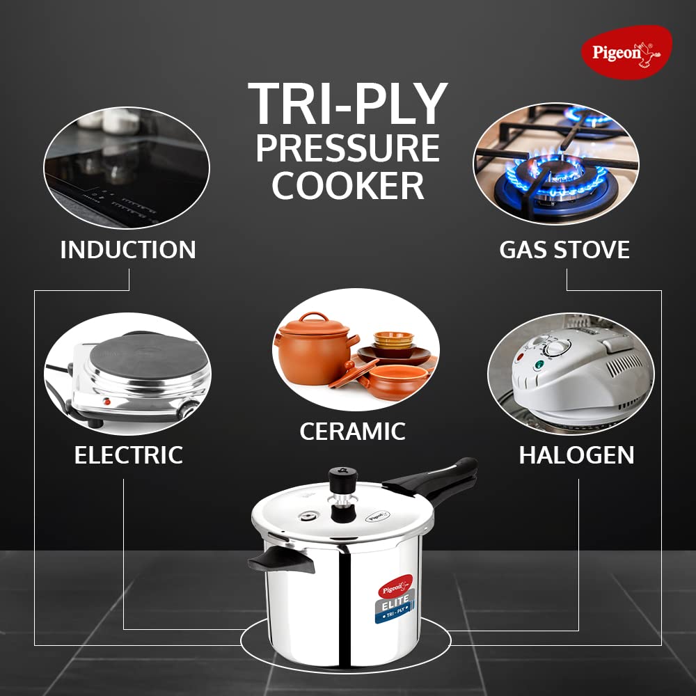 Pigeon Elite Tri Ply Stainless Steel Body Outer Lid Pressure Cooker Induction And Gas Stove Compatible 3 L   Silver