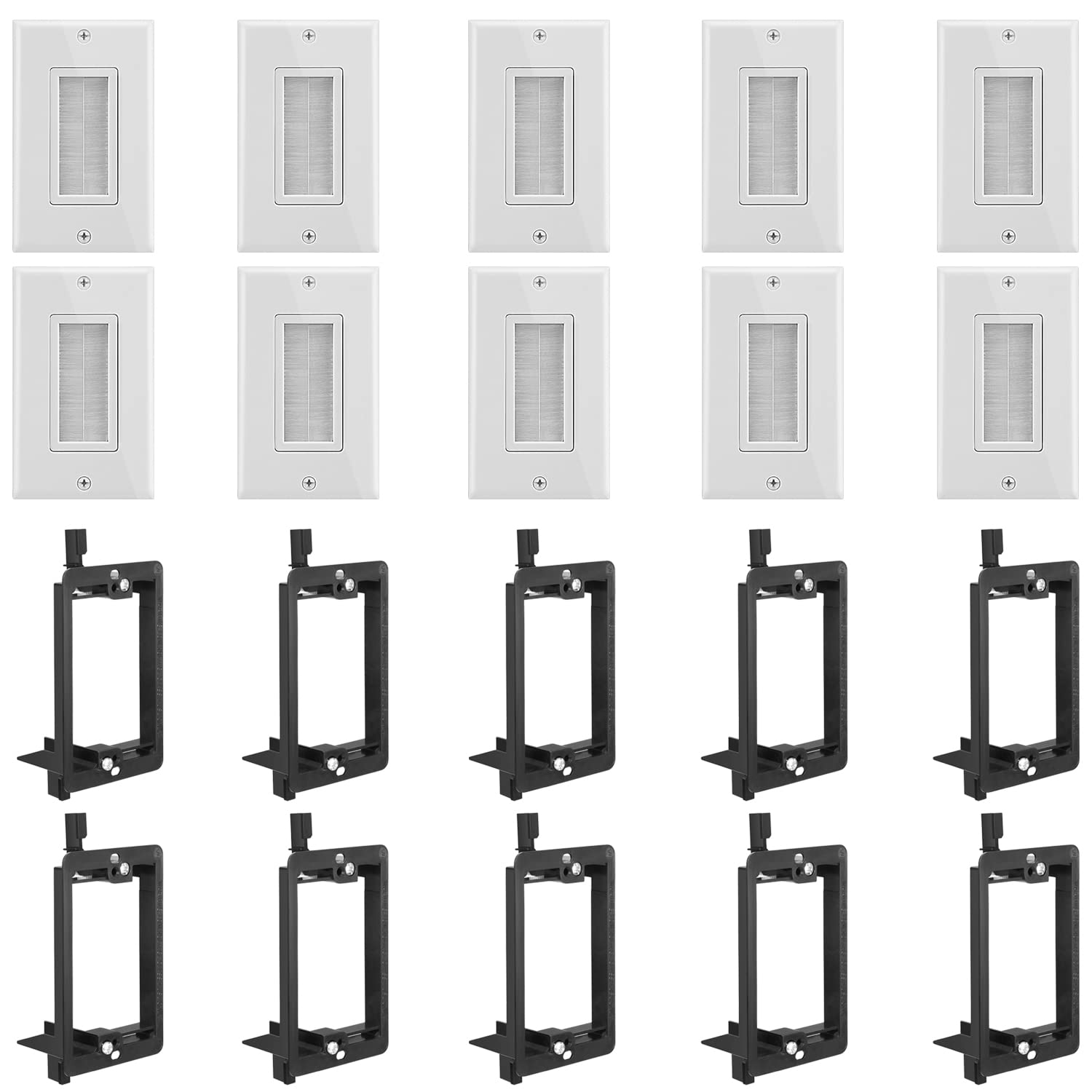 Fosmon (10 Pairs) Single Gang Wall Plate, Brush Style Opening Passthrough Cable Plate With Low Voltage Mounting Bracket