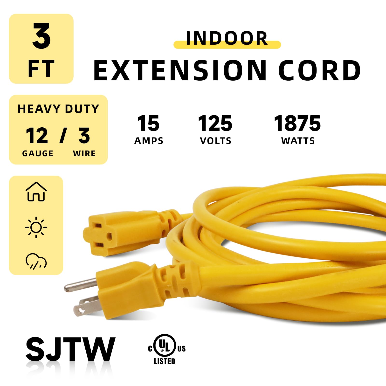Ep 3 Ft Outdoor Extension Cord, 12/3 Sjtw Heavy Duty Extension Cable With 3 Prong Grounded Plug, 15 Amp Power Cord For Lawn, Gar