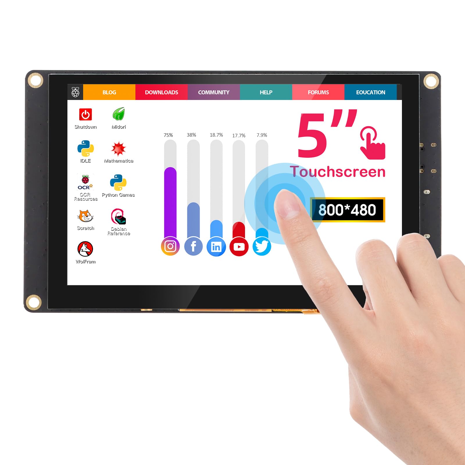 ELECROW 5 Inch Mini Touchscreen Monitor, TN Capacitive 5-Point Touch Screen 800  480 HD LCD Display Compatible with Raspberry Pi