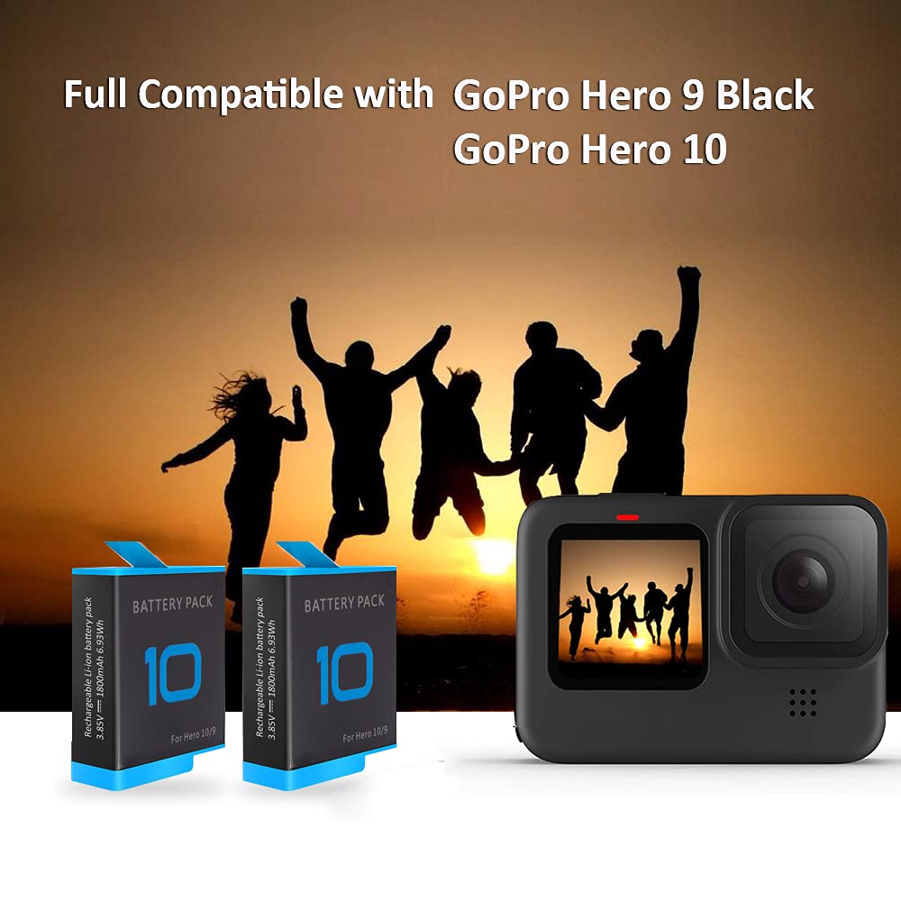 2 Pack Batteries Fit For Gopro Hero 10, Hero 9 Black, 3 Channel Battery Charger Station For Hero 10/ Hero 9