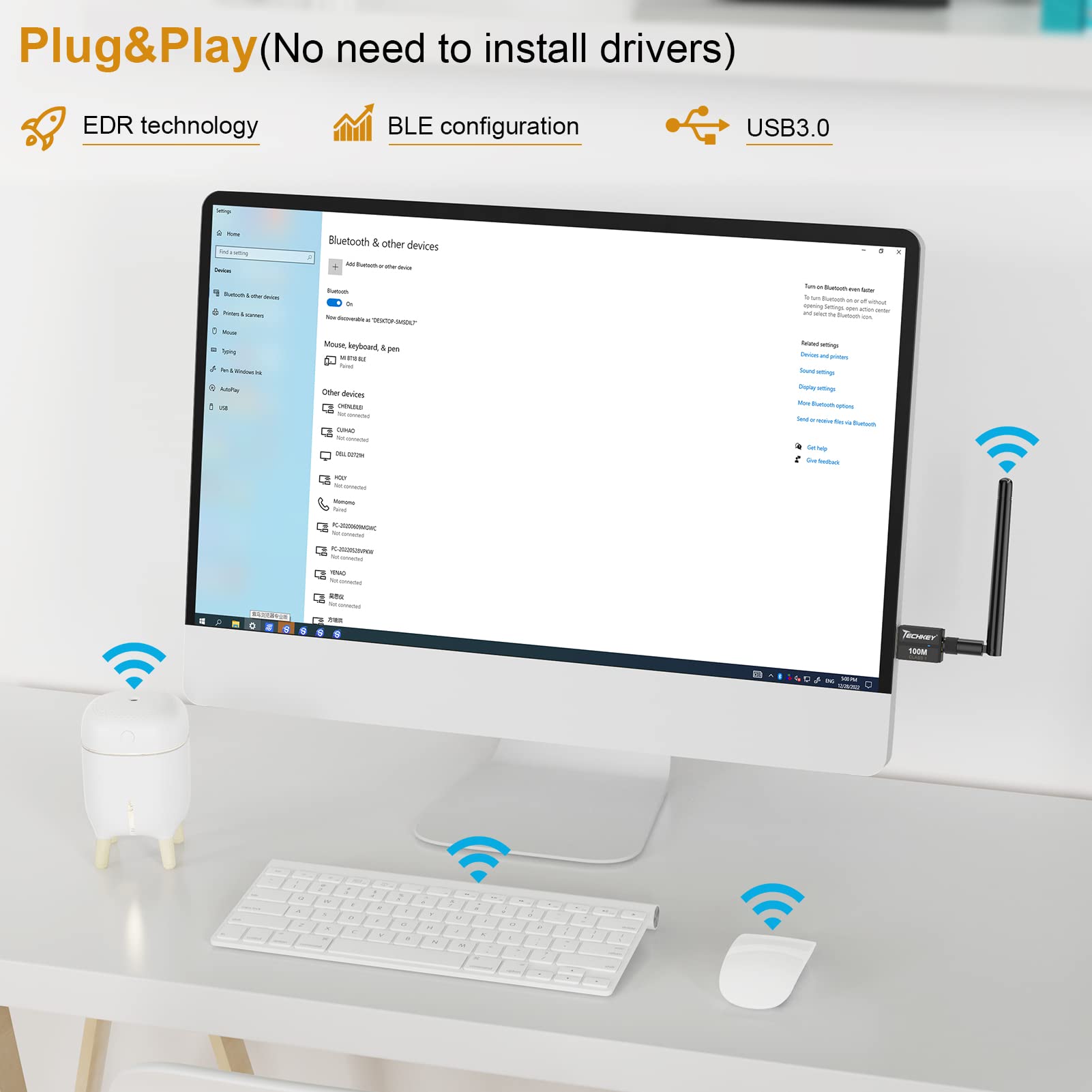 Long Range Usb Bluetooth 5.3 Adapter For Desktop Pc - 328Ft Wireless Transfer For Mouse, Keyboard, Headphones - Win11/10/8.1 Sup