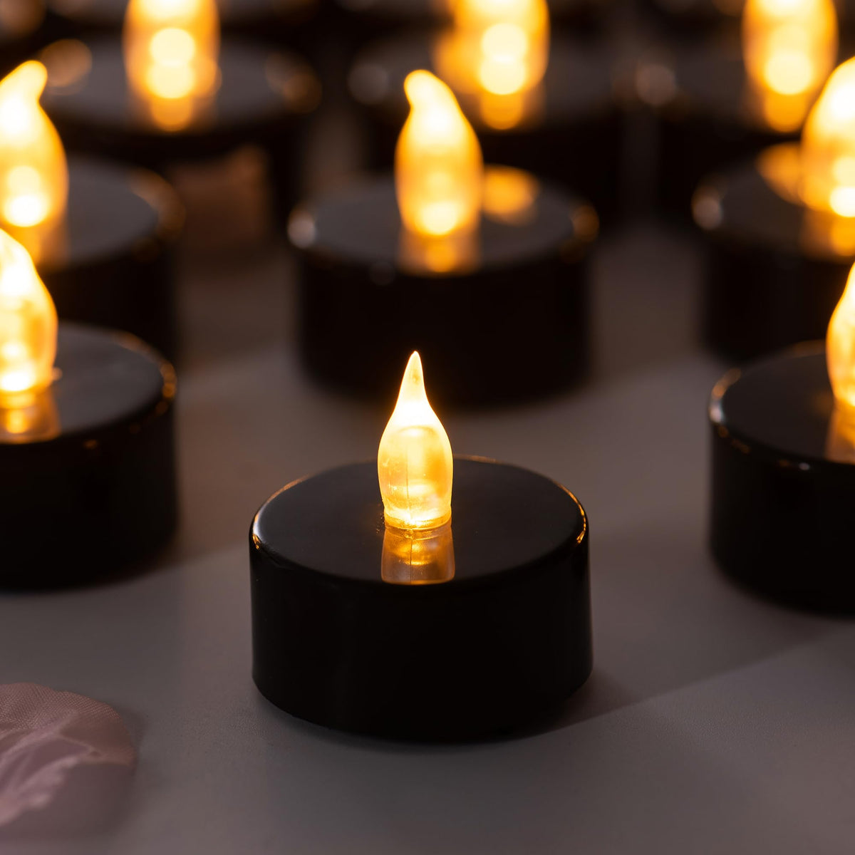 Pandaing Lasts 2X Longer Black Flameless Tealight Candles, 50 Pack, Batteries Included, Realistic Tea Lights Candles, Flickering