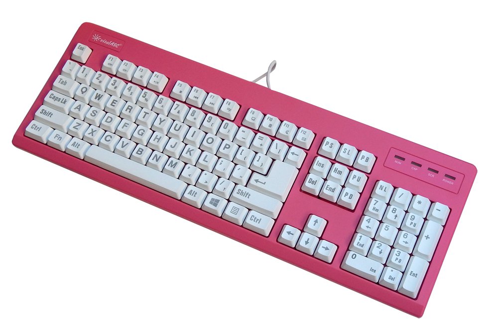 Vitalasc 104 Key Large Print Usb Wired 7Ft, Spill Resistant, Hot Pink And White, Durable Keyboard For Laptop, Mac, Tv, And Compu