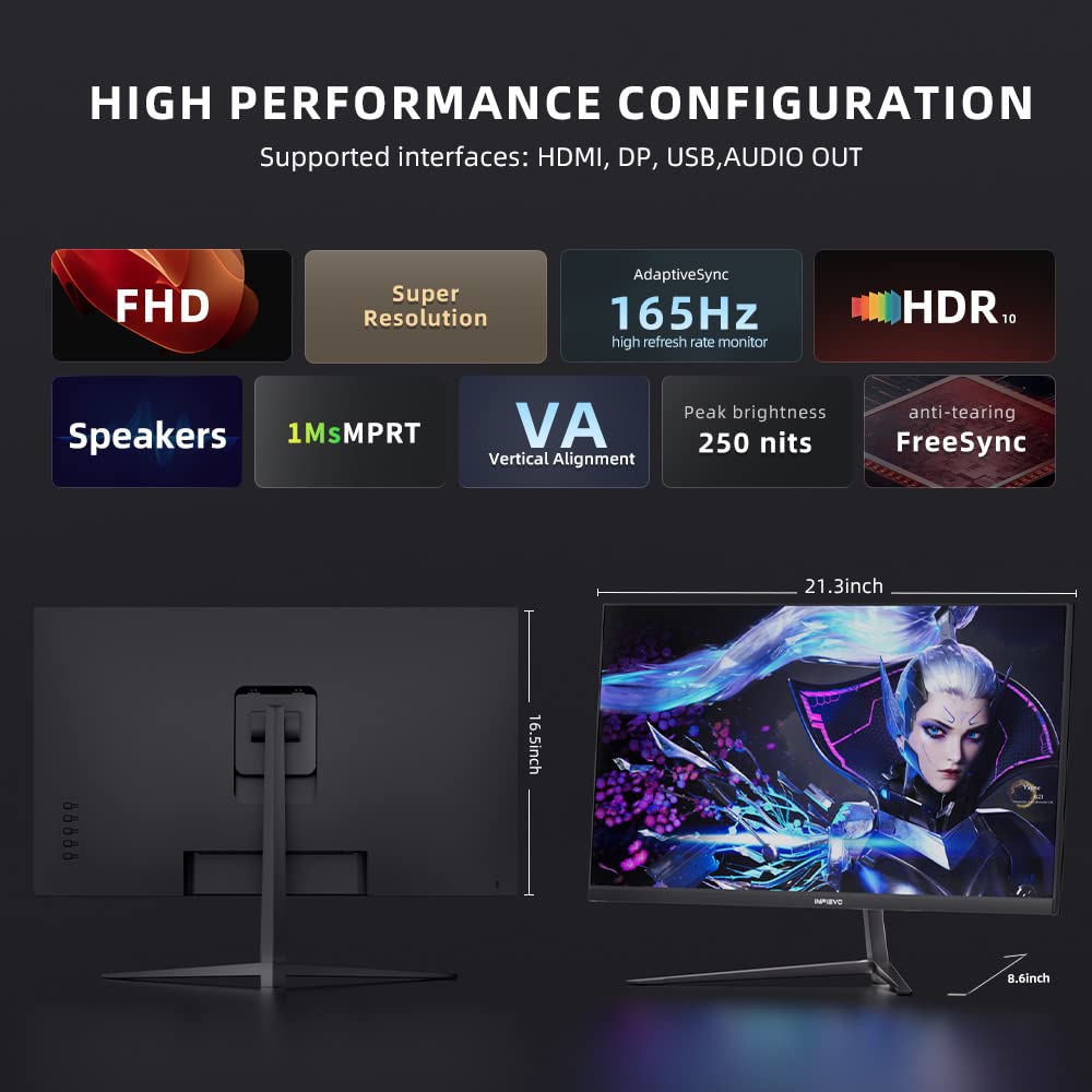 Infievo Gaming Monitor 24 Inch Fhd 1080P Computer Monitor 165Hz Va 1Ms Built In Speakers, Freesync, Ultra Thin Pc Monitor, Vesa