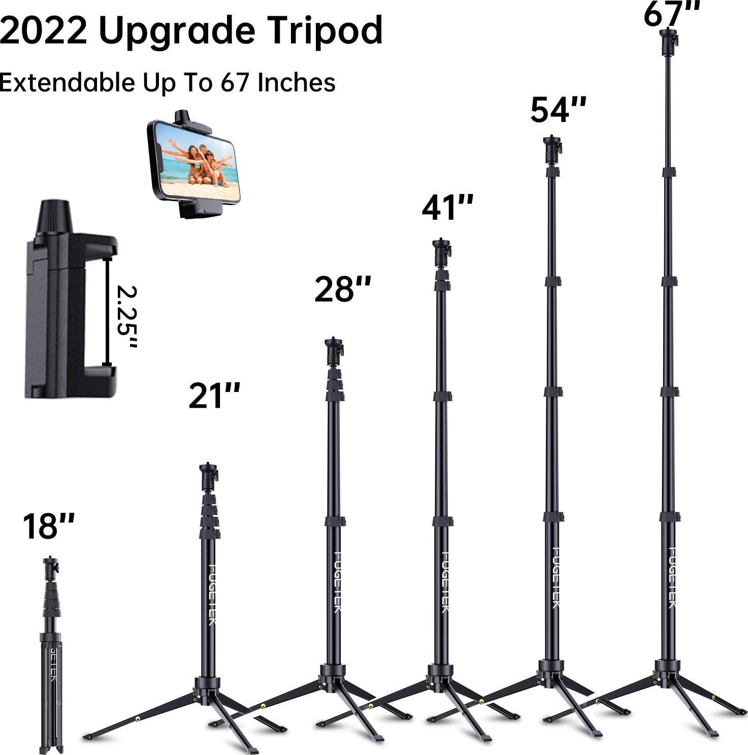 Fugetek 67' Professional Cell Phone Tripod, Portable All In One, Bluetooth Remote, Phone Holder, Compatible With Iphone & Android Devices, Non Skid Feet, Black
