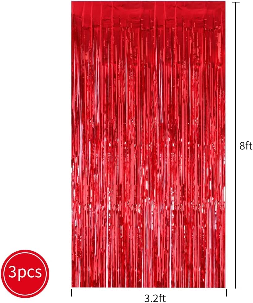 Toniful 3Pcs Red Door Streamers,Red Photo Booth Backdrop Metallic Streamers Red Foil Fringe Curtains For Birthday,Christmas,New