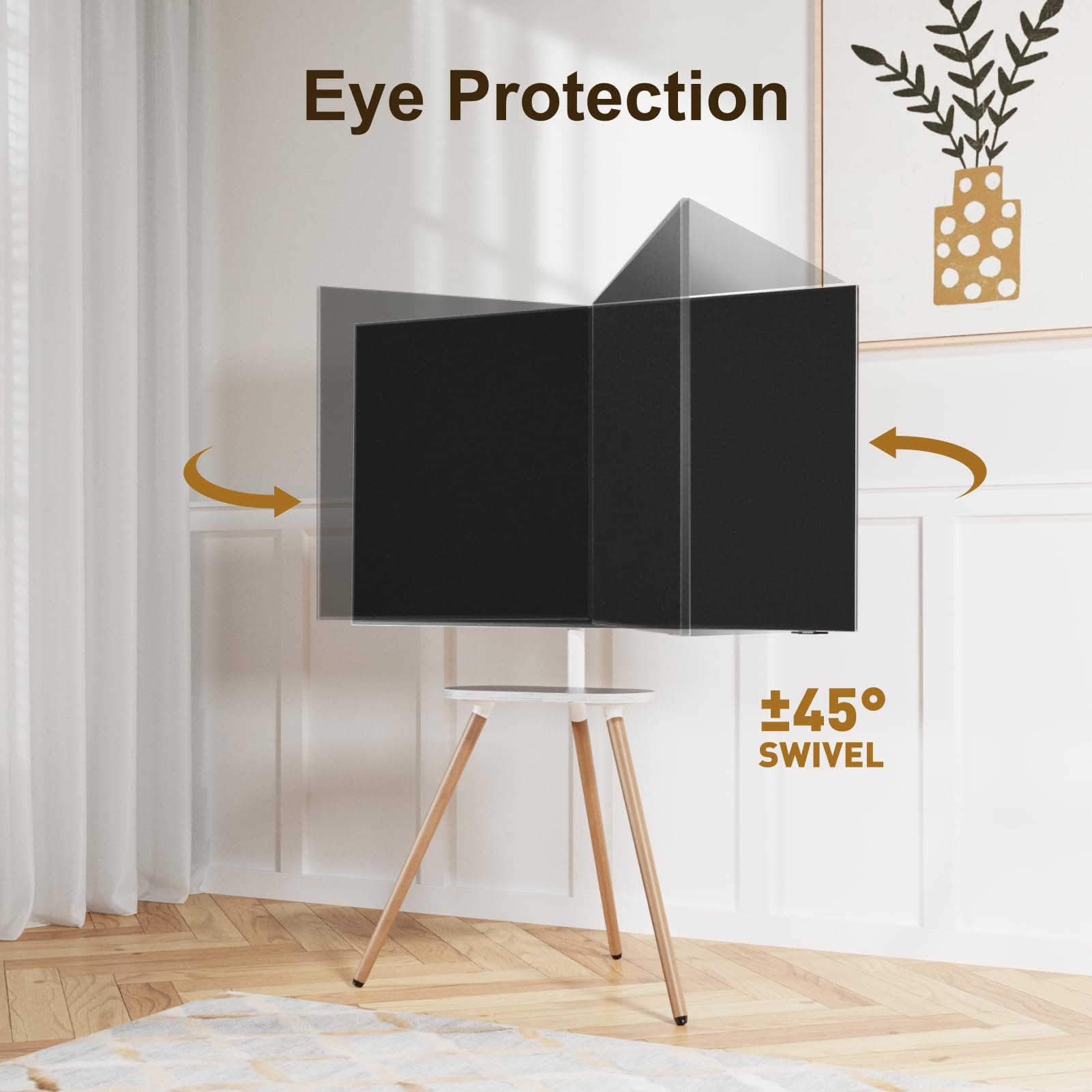 ECOTINY Tripod Easel TV Stand for 43-65" TVs, Height-Adjustable, White, Model HW1074WH, VESA 400x400, Minimalist Design
