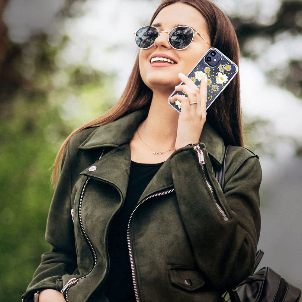 Abbery Designed For Iphone 11 Pressed Flower Case Cute Bling Glitter Sparkle Clear With Design Soft Silicone Tpu Rubber Dried Re