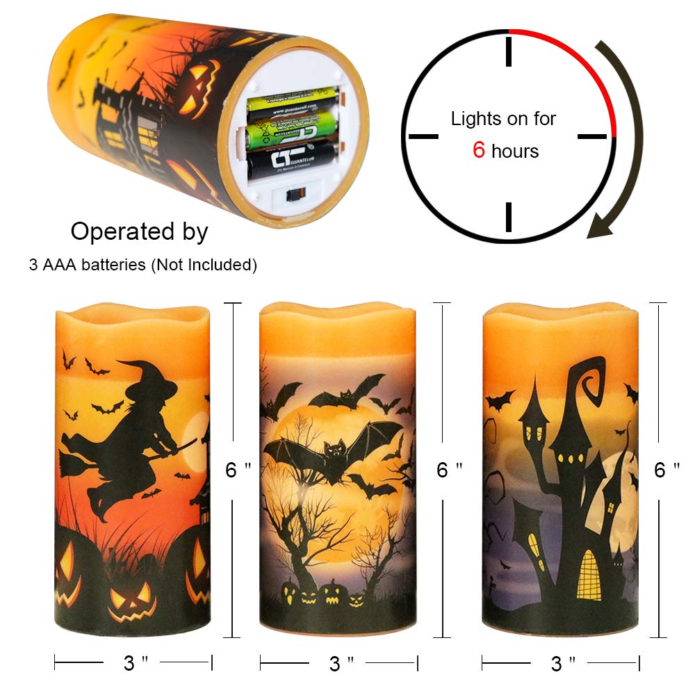Eldnacele Halloween Flameless Flickering Led Candles With 6 Hour Timer, Battery Operated Wax Candles Assorted Decals Witch, Bats
