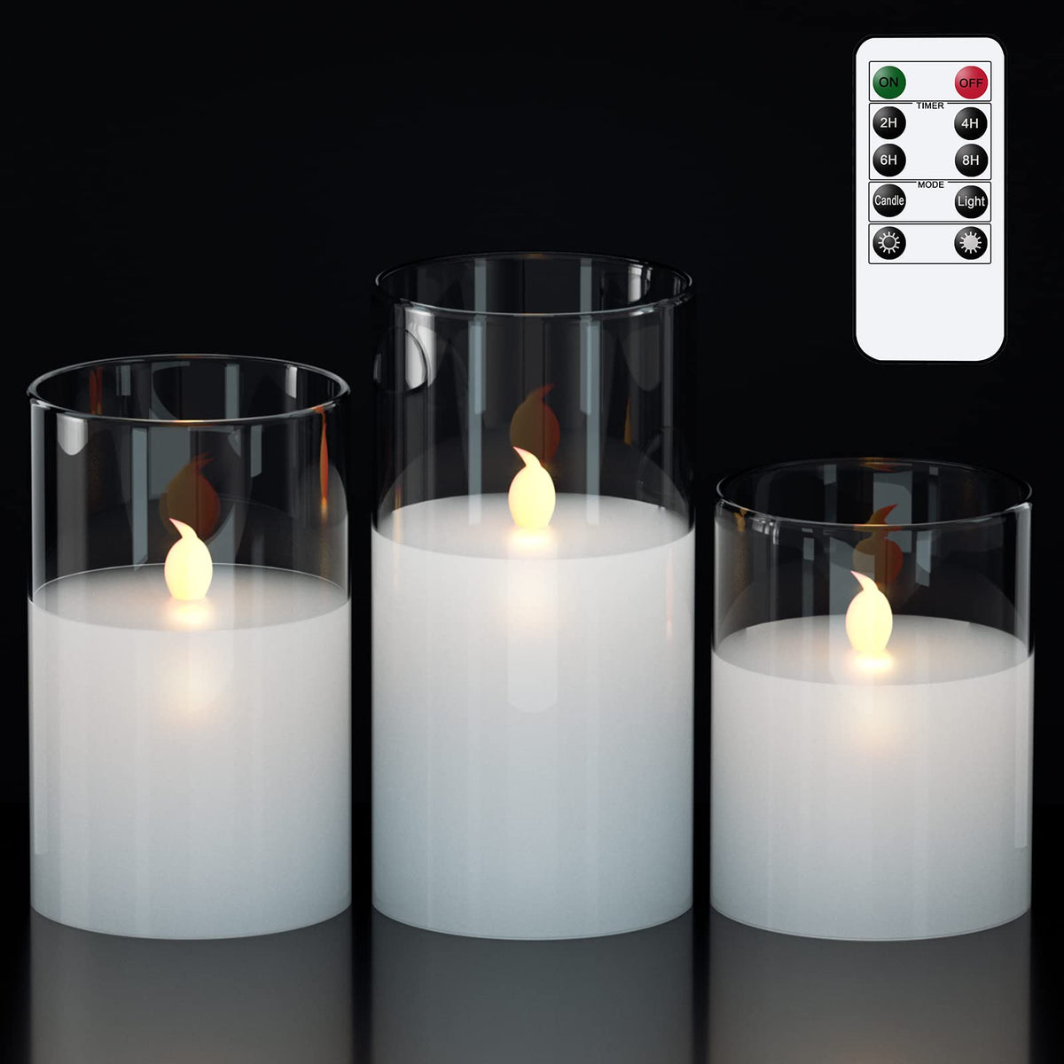 Genswin Clear Glass Battery Operated Flameless Led Candles With 10-Key Remote And Timer, Real Wax Candles Warm White Flickering 