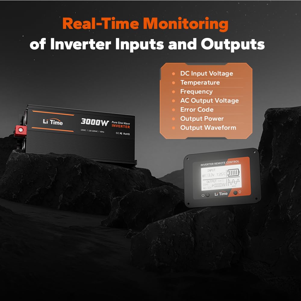 Litime 3000W Pure Sine Wave Inverter 12V Dc To 120V Ac Converter With Remote Control, Surge 6000W, Built-In 4 Ac Outlets, Usb Po