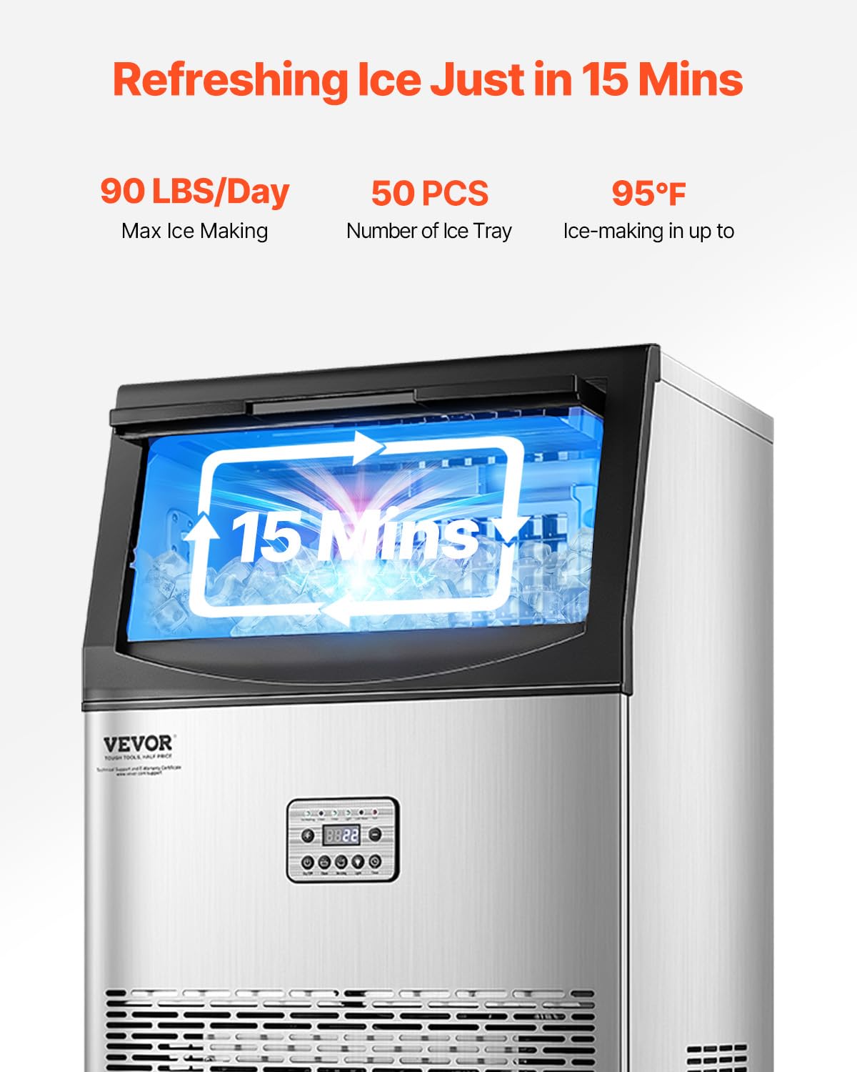 Vevor Commercial Ice Maker Machine, 90Lbs/24H Ice Maker Machine With 33Lbs Storage Capacity, 50 Ice Cubes In 15 Minutes, Led Dig