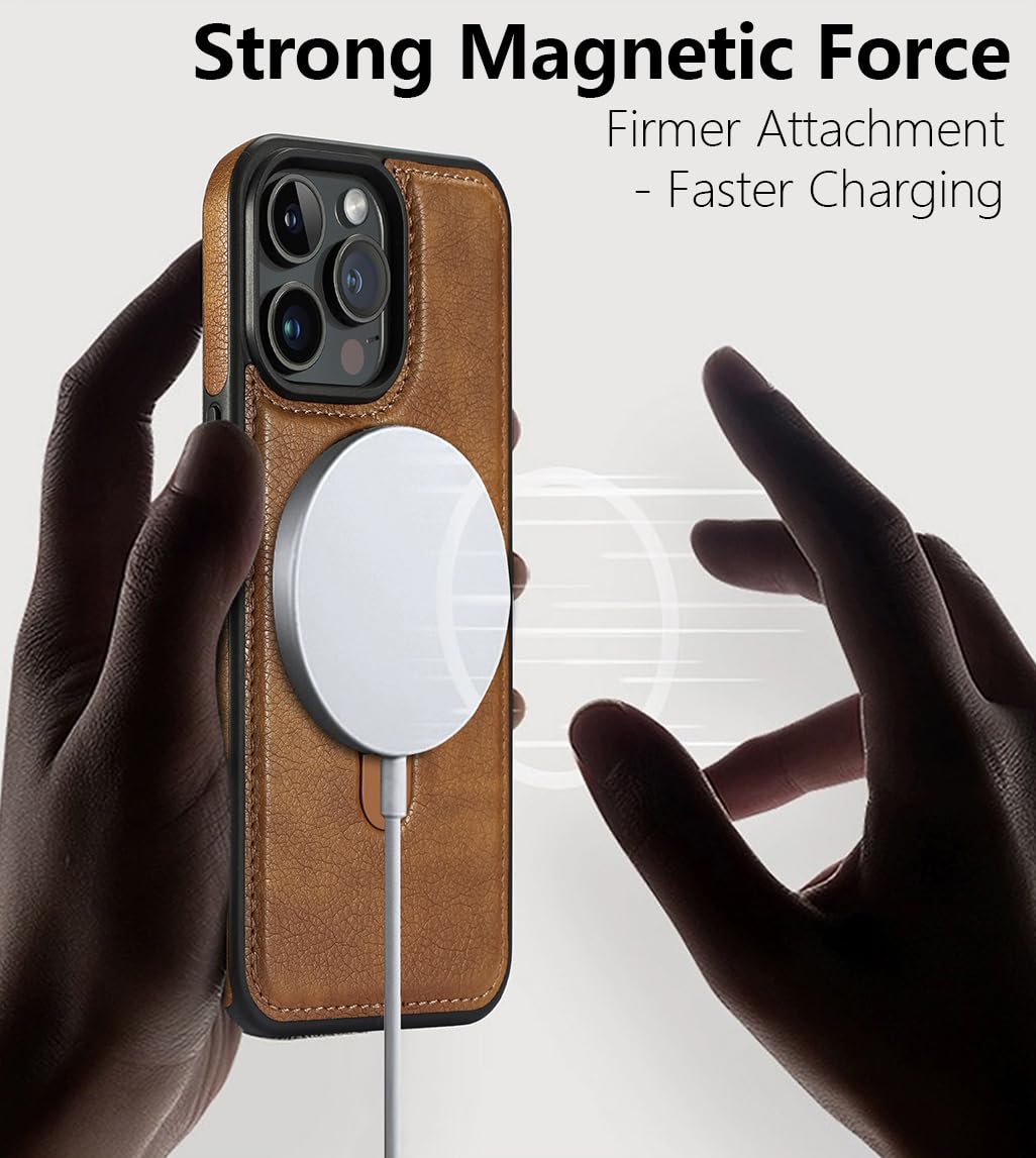 Vauserdy Magnetic For Iphone 14 Pro Leather Case,Invisible Stand [Compatible With Magsafe] Slim Kickstand Phone Cove (Brown, Iph