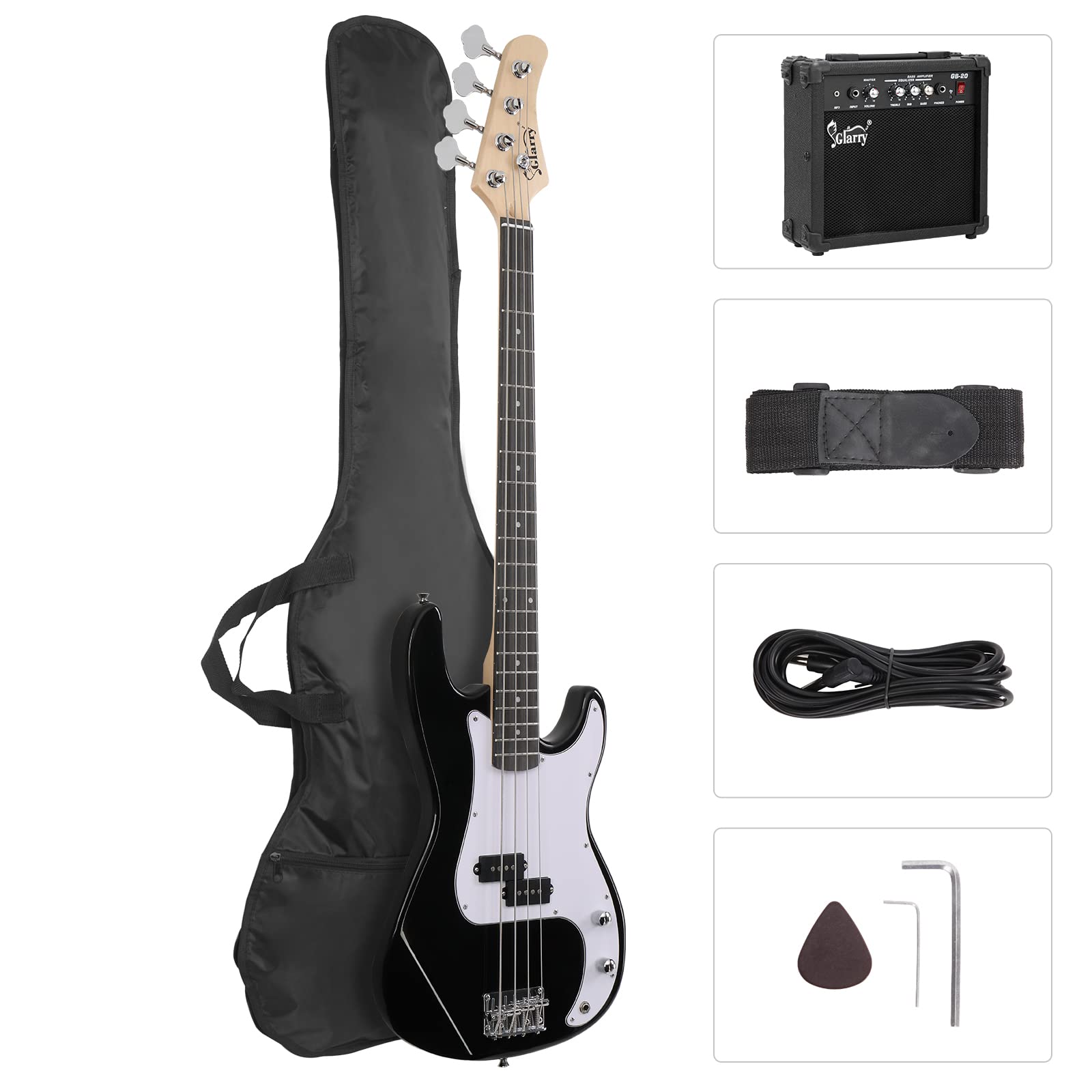 Glarry Full Size Electric Bass Guitar Beginner Kit 4 String With Amp, Cable, Strap, Bag And Accessories (Black)